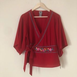 NWT embroidered red wrap top